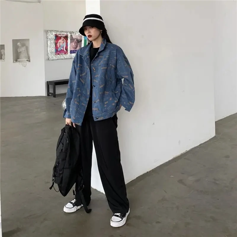 

2021 Spring Autumn New Loose Tooling Printed Coat Couple Hip-hop Denim Outerwear Ins Tide Port Style Female