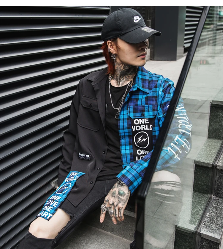 New Western Diablo Style Fashion Individuality Printed Plaid Patchwork Men's Long-Sleeved Shirts Hip Hop Autumn Streetwear Color