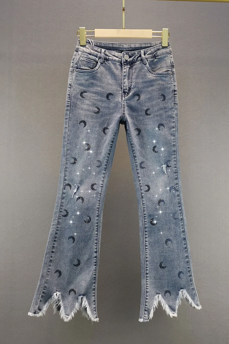 

Irregular Hem Trousers Women Jean Flare Pants 2021 Spring New Slim Hot Diamonds Stretch Jeans Girls Students Denim Pants Mujer