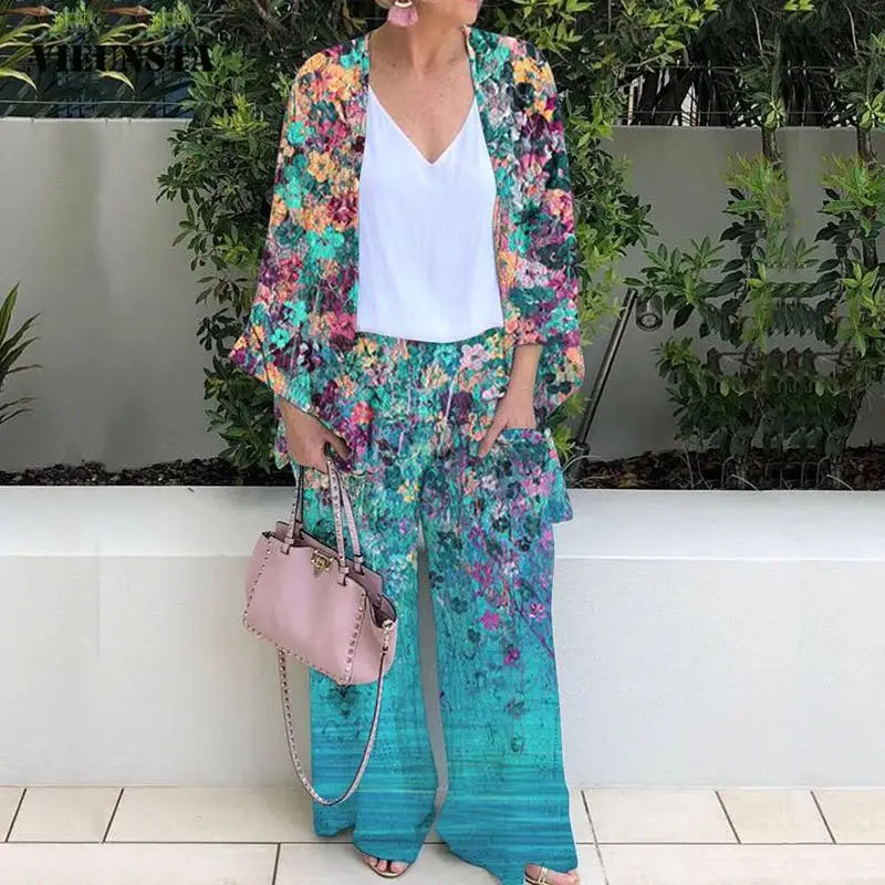 

Женский Повседневный костюм из двух предметов, элегантный кардиган и свободные длинные брюки в стиле ретро, модель 3XL на осень, 2021