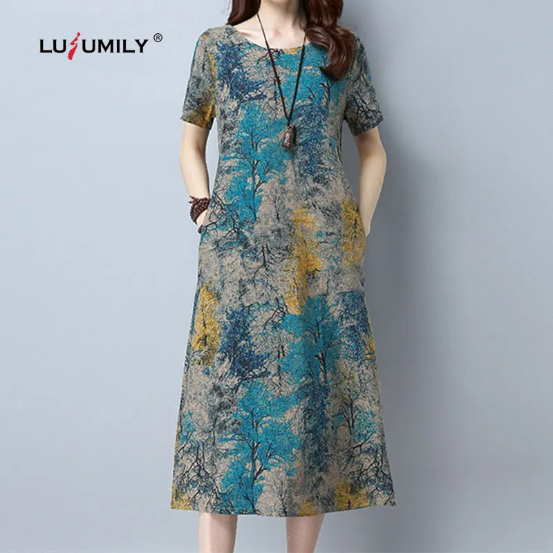 

Lusumily 2021 New Cotton Linen Summer Dress Women Loose Plus Size 4XL 5xl Casual Vintage Print Beach Sundress Dresses Vestidos