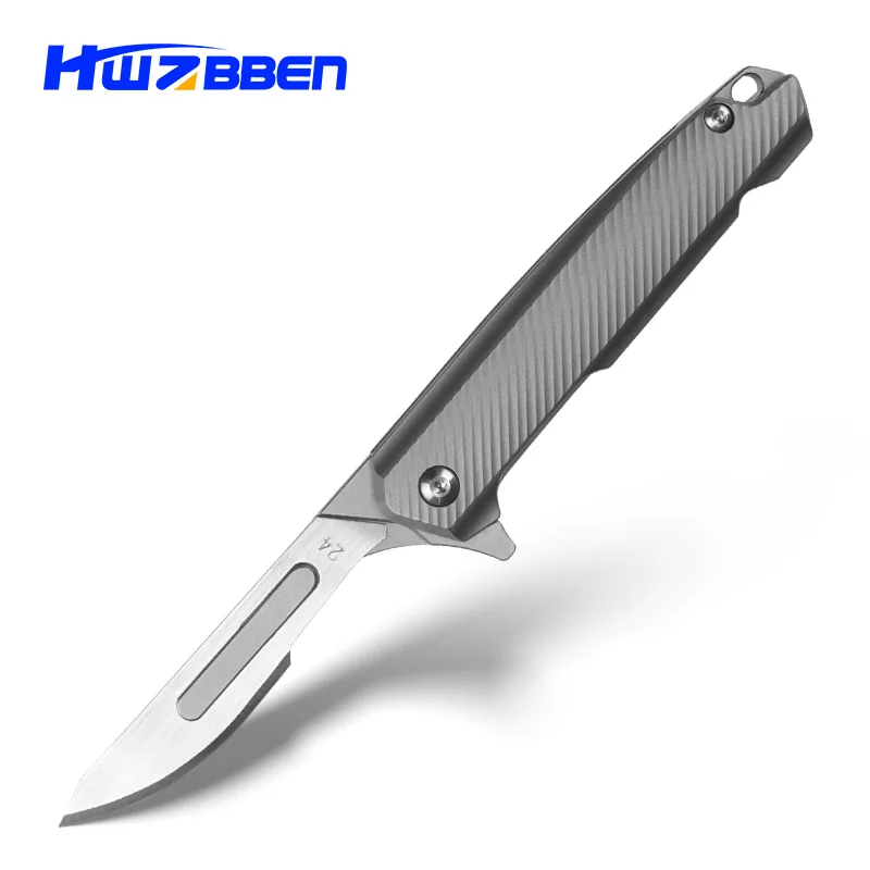 

HWZBBEN Titanium Alloy Scalpel EDC Mini Folding Knives With 10pcs NO.24 Replaceable Blade Engrave Utility Tools Pocket Knife