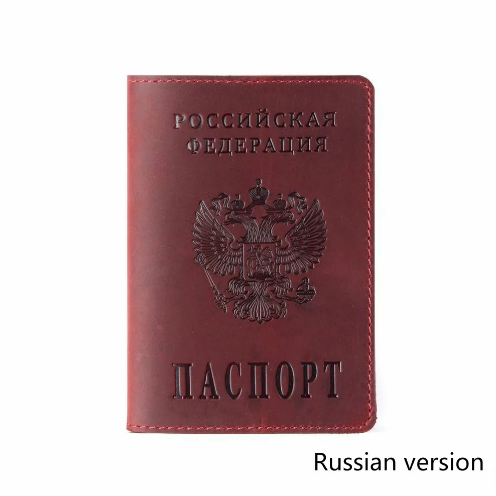 Wine red Russia Винтажная натуральная Crazy Horse Натуральная кожа герб России логотип Обложка для паспорта держатель для карт бизнес двуязычный чехол для паспорта - Цвет: Wine red Russia
