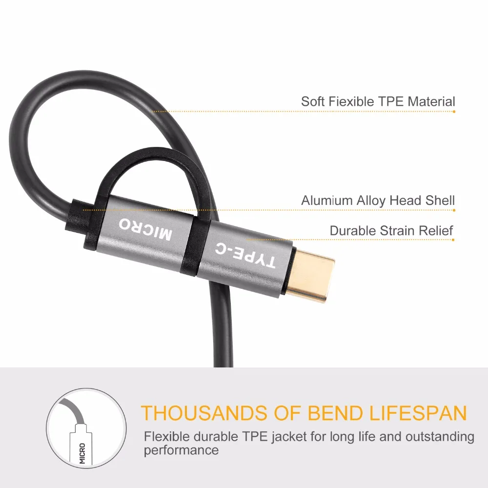 Кабель Micro USB для Samsung 2 в 1 кабель Type-C быстрой зарядки C и передачи данных телефона