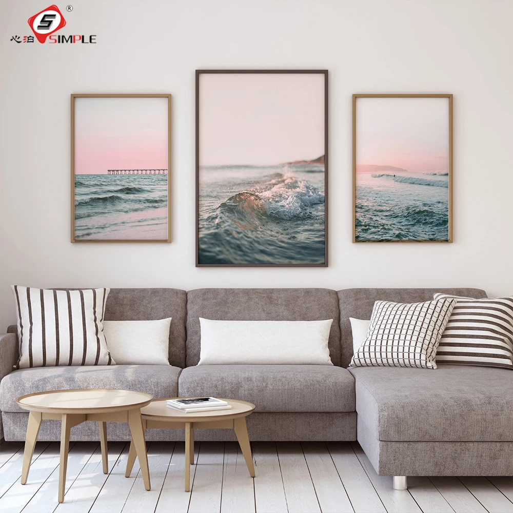 

Pink Ocean Landscape Canvas Posters Sunset Waves Beach Pier Surf Wall Art Print Painting Decor Pictures Scandinavian Home Decor