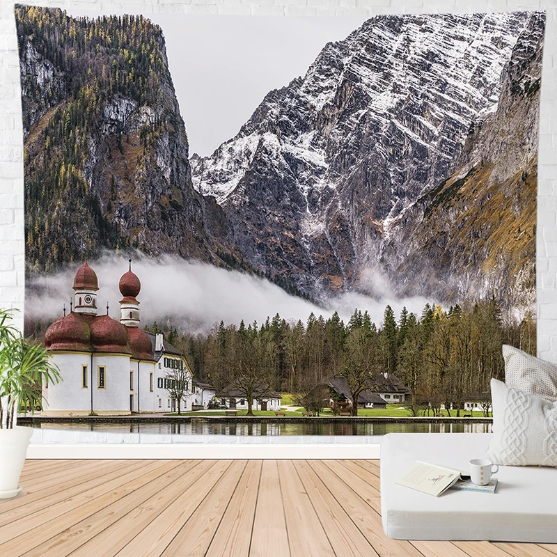 Синее озеро горы гобелен 3d снег двойной пик Настенный Ковер Природный лес