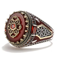 2022 vintage carved pattern red zircon stone rings fashion jewelry handmade silver color men rings engagement wedding band