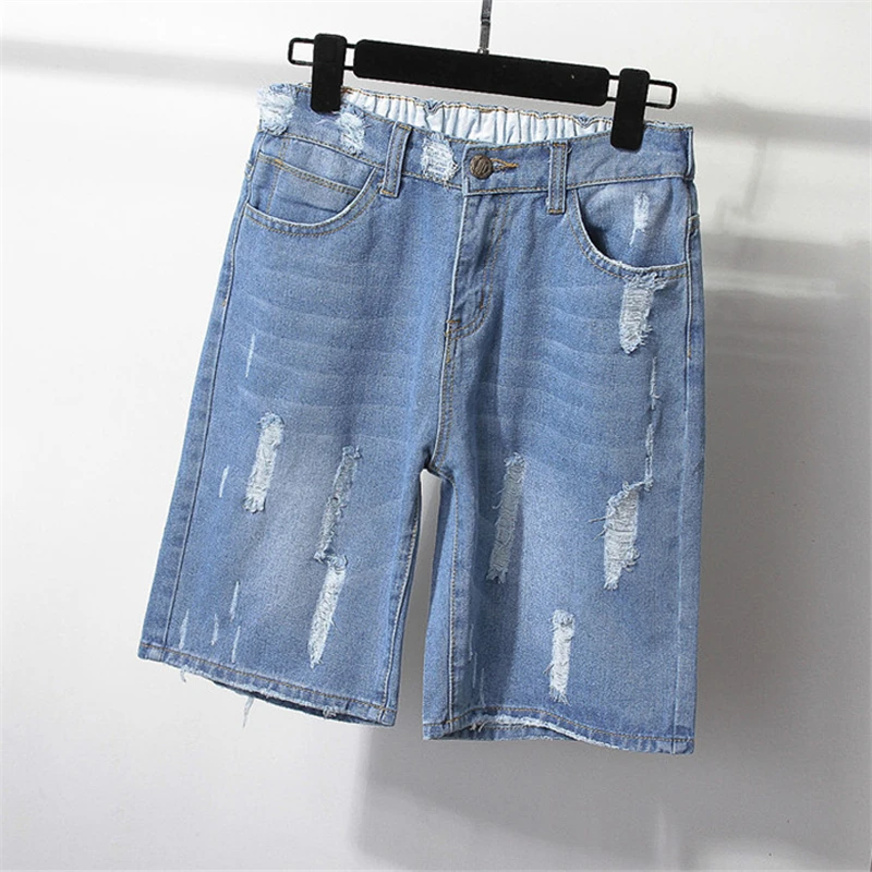 

AJY1801 Ripped Denim Shorts Women Summer Korean Sweetwear Girl Street Simple High Waist Solid Color Plus Size Five-Point Pants