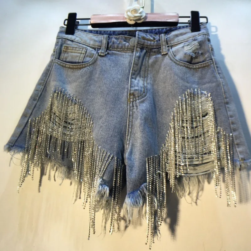 

Tassels Nail Diamond Beads High All-match Thin Waist Denim Shorts Women