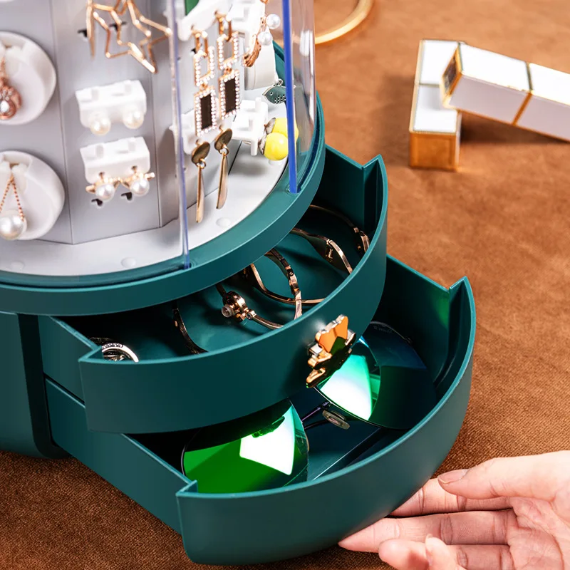 

360 Degree Rotation Jewelry Box Transparent Cosmetic Box Earrings Desktop Necklace Box Cosmetics Storage Box