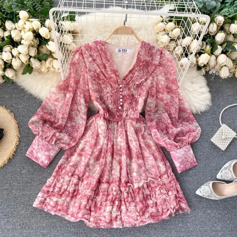 

Elegant Puff Long Sleeve Chiffon Floral Print Party Dress Female 2021 Autumn French Retro Sweet Sexy V-neck A-line Mini Dresses