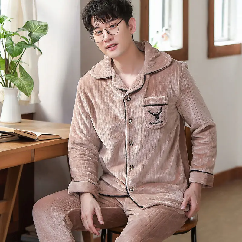 man pajama set Теплая Пижама Мужская Фланелевая Зимняя Толстая Пижама Мужская Толстая пижама с длинным рукавом Повседневная Осенняя Пижама для мужчин коралловый флис для сна XXXL - Цвет: man pajama set