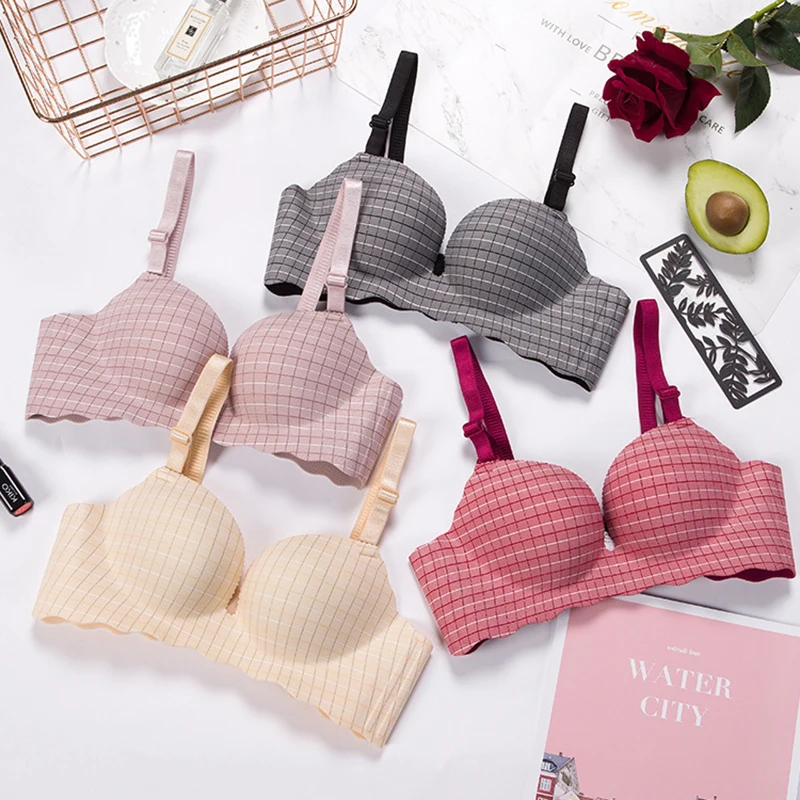 

One-piece seamless French plaid bra without rims underwear ladies bra comfortable sexy gathered bra