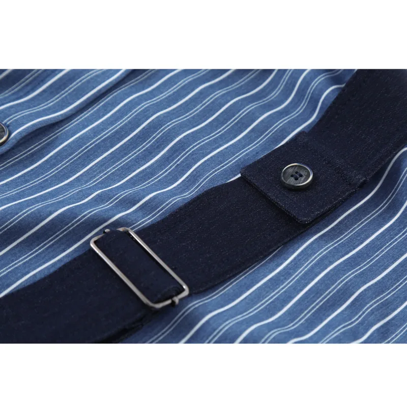 

LANMREM 2021 spring denim and blue white stripe patchwork shirt loose long-sleeved turn-down collar blouse for women 2A3095
