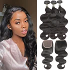 Пучки волнистых волос с черным жемчугом, 8-36 дюймов, 3 пряди ди человеческих волос Remy с закрытием, бразильские пучки волос для плетения