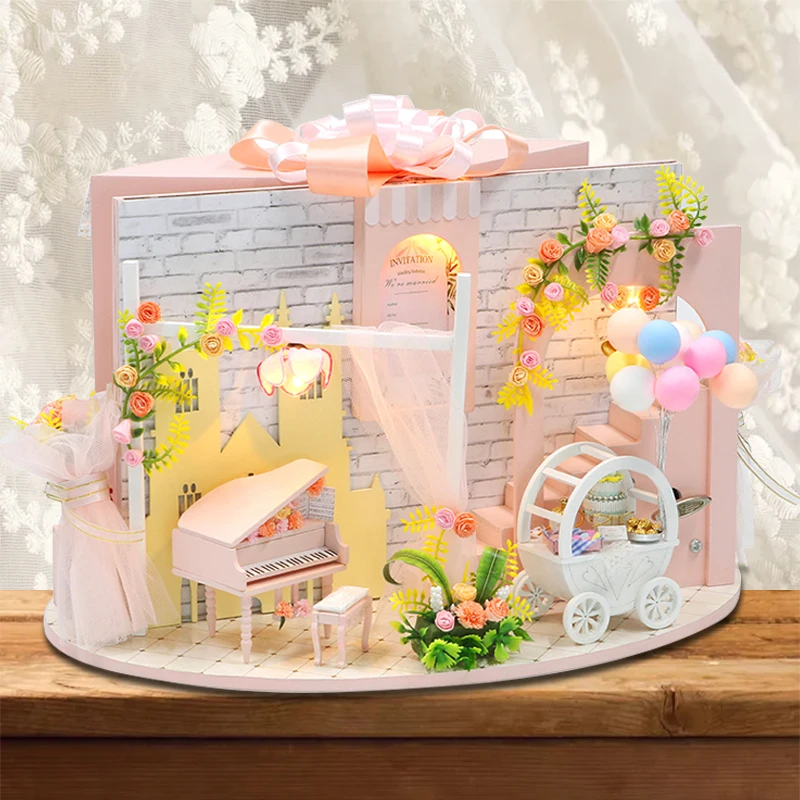 

Cutebee DIY House Miniature with Furniture LED Music Dust Cover Wedding decoration model Pink Toys for Girl Birthday Gift