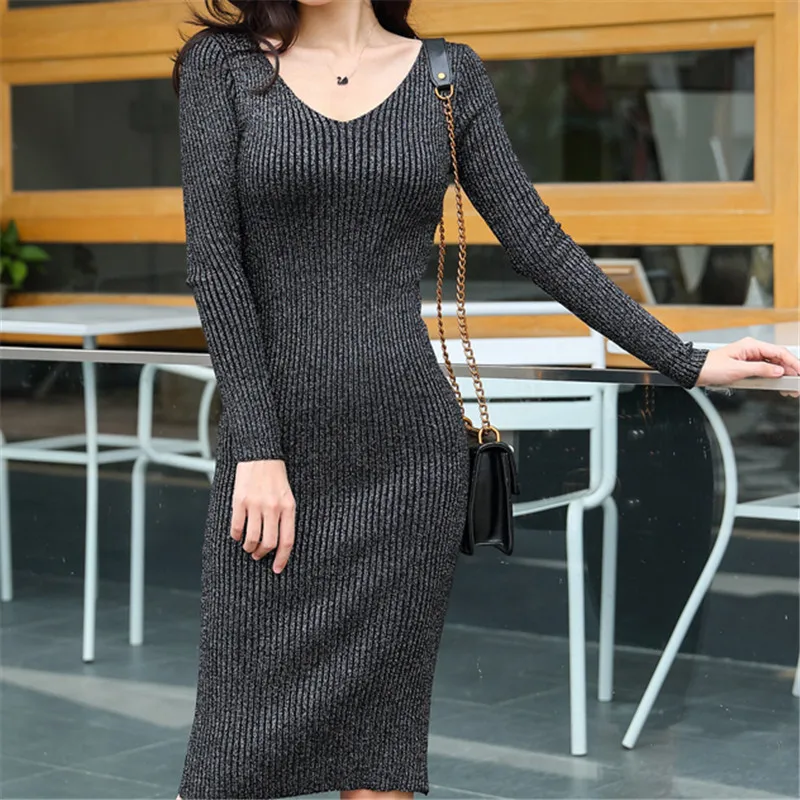 Корейское осеннее платье-свитер женские вязаные свитера платья Стрейчевые