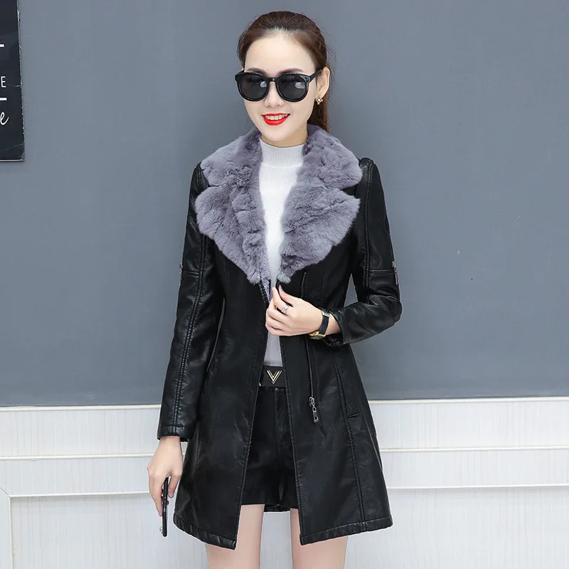2021 New atutumn Women's Leather Jacket Warm Big Fur Collar Long Leather Coat Balck Outerwear Slim Fit Overcoat Plus Size S-5XL