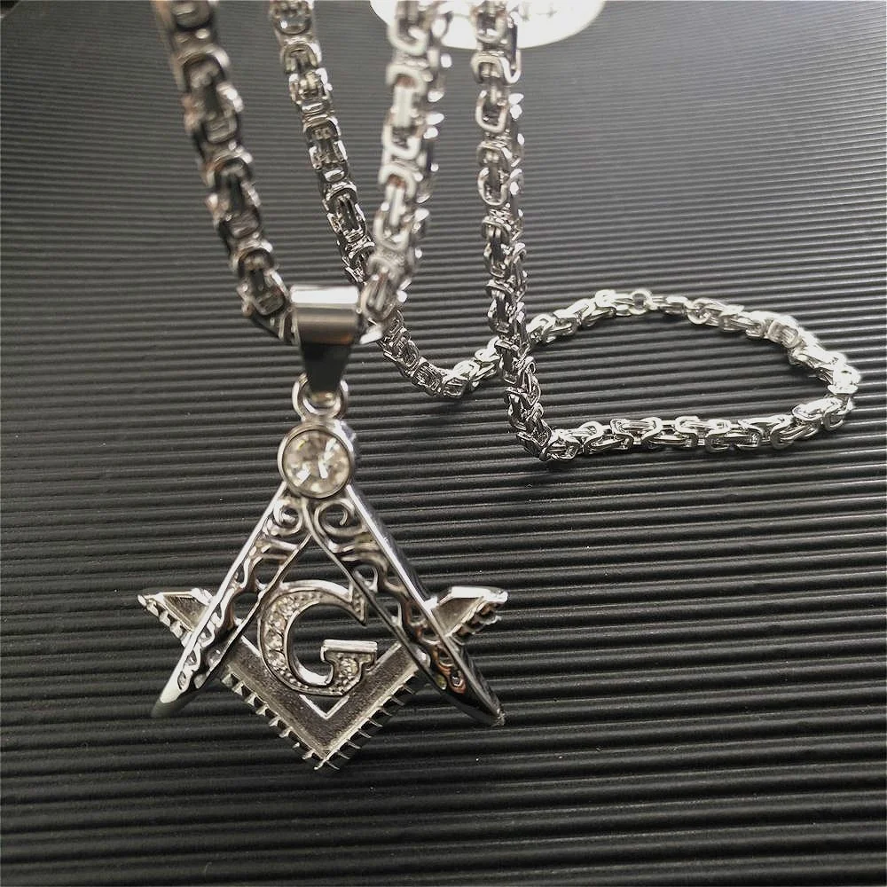 

Men SilverTone stainless steel Freemasonry Masonic Mason Pendant chain necklace