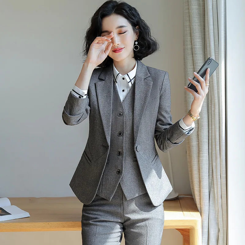 IZICFLY Spring Autumn Style New Gray Trouser And Jacket Blazer Two Piece Set Women Work Wear Elegant Business Office Pant Suit