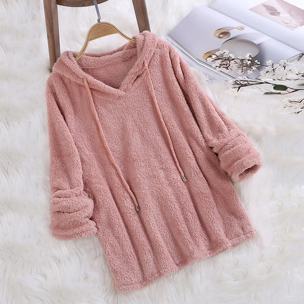 Женские модные плюшевые толстовки повседневные однотонные с капюшоном и длинным