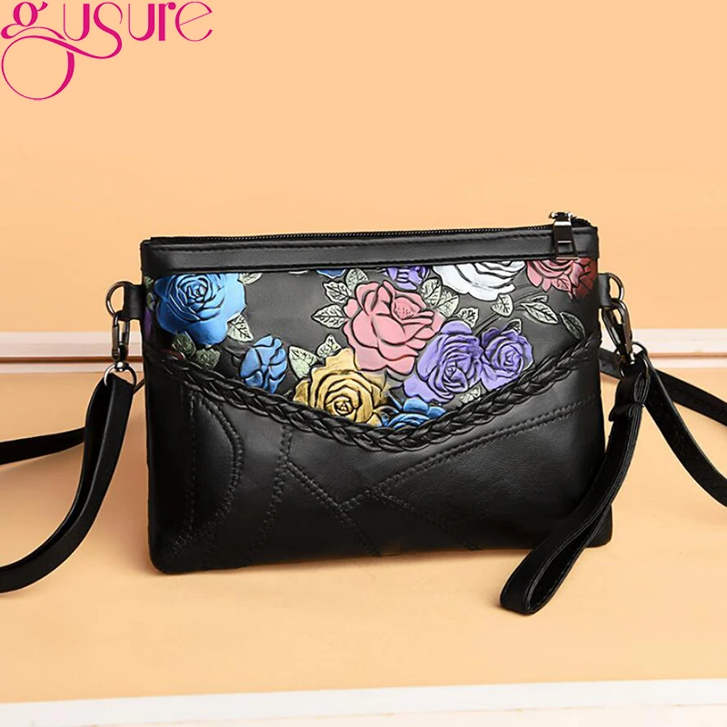 Gusure винтажная кожаная сумка через плечо с цветочным узором женская мессенджер