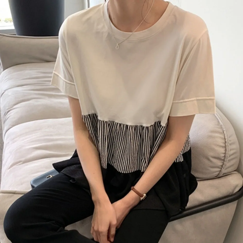 

T-Shirt Short-sleeved Plain Round Neck Simple Ladies Fashion Casual Wear Thin Summer Stitching Color Women New Style Japanese