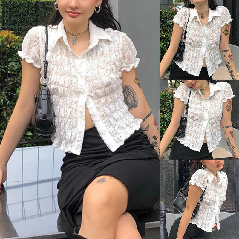 Новинка женские летние кружевные Футболки поло воротник складной пузырьковый