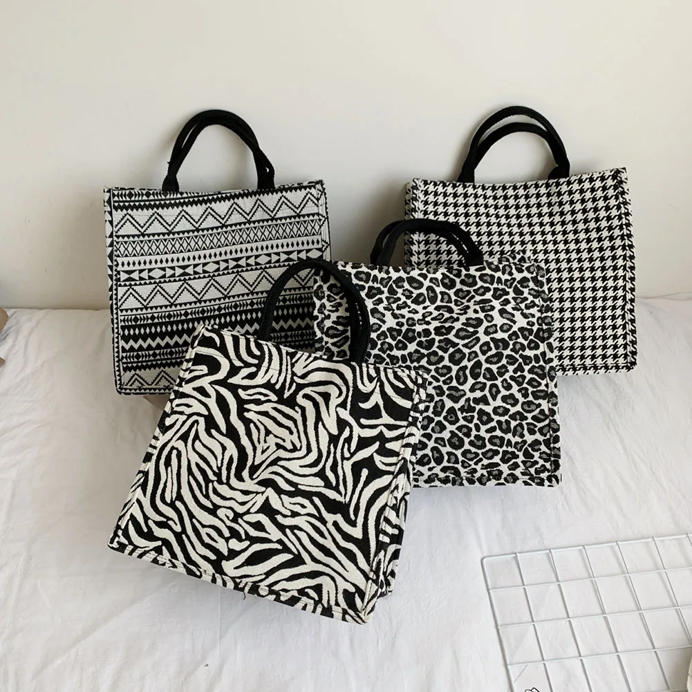 

Vintage Women Canvas Wave Houndstooth Shoulder Shopping Bag Casual Ladies Large Capacity Leopard Zebra Pattern Tote Handbags