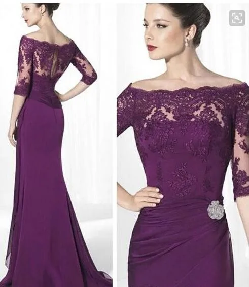 

Formal Purple Lace Mother Of Bride Dresses With Sleeves Off The Shoulder Elegant Lady Sheath Long Chiffon Custom Made Party Prom