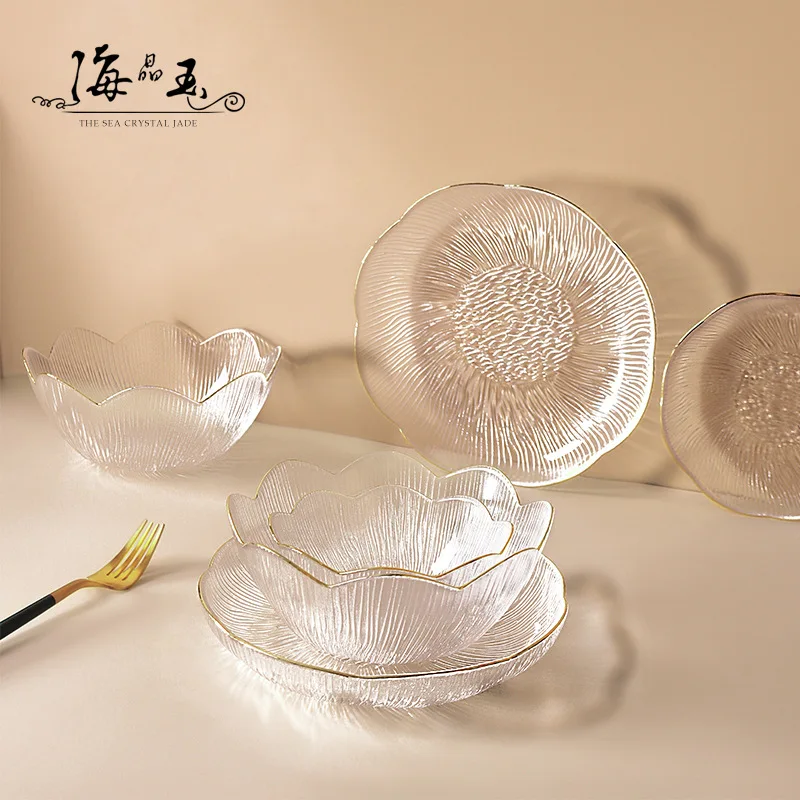 

2 Pieces Simple Glass Bowl Household Bowl Plate Full Set Living Room Fruit Plate Glacier Pattern Dessert Vegetable Salad Bowl