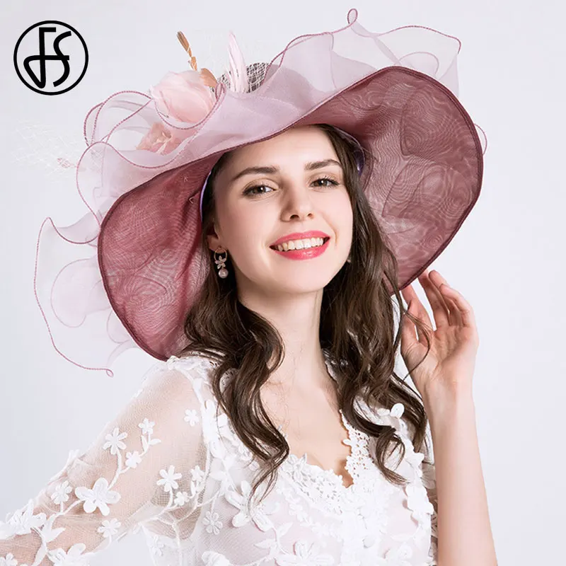 

FS Flower Sun Hats For Women Beach Pink Beige Big Brim Organza Hat Ladies Church Party Kentucky Derby Wide Fedora