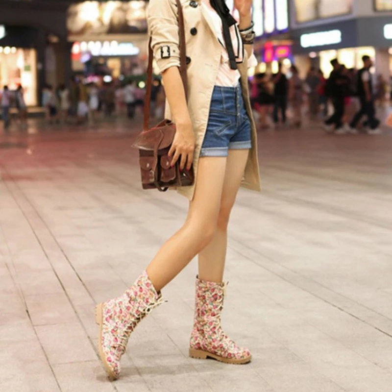 

Women Boots Retro Printed Lace Up Genuine Ankle Boots Ladies Shoes Women Botines Mujer 2021