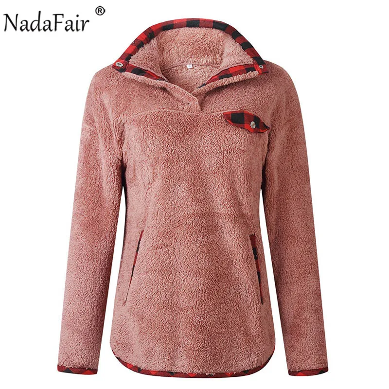 Осень зима 2019 повседневные женские толстовки Nadafair Свитшот в клетку с карманами