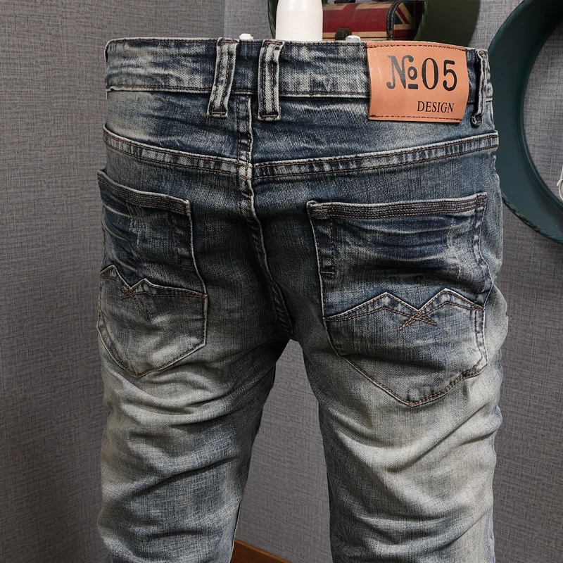 European American Vintage Fashion Men Retro Yellow Distressed Wash Ripped Jeans Men Designer Slim Fit Casual Cotton Denim Pants