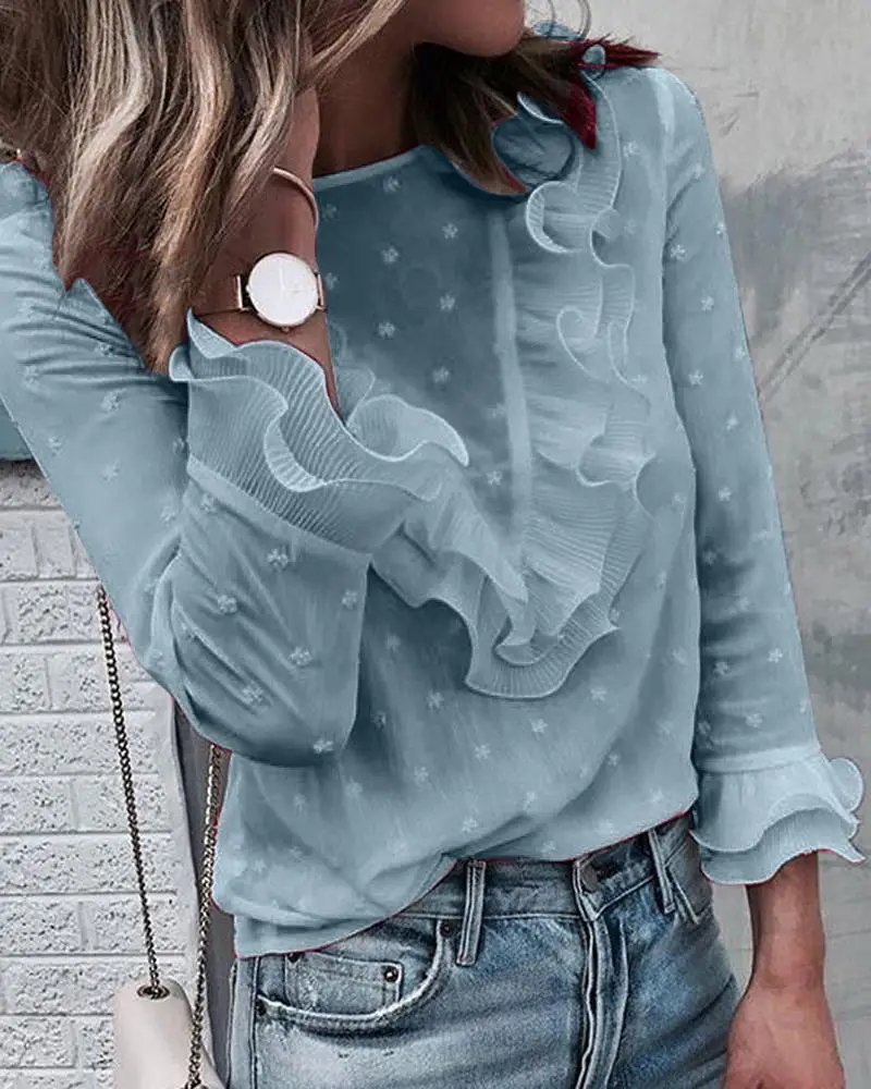 

Swiss Dot Ruffles Long Sleeve Blouse Women Autumn Summer 2021 New Fashion