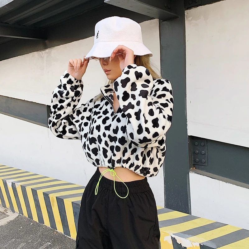 HEYounGIRL Cow Print Black White Crop Sweatshirt Women Casual Long Sleeve Pullover Hoodie Zipper Drawstring Autumn Winter Street