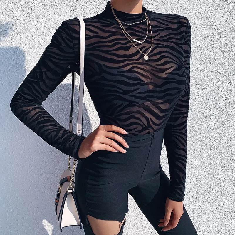 BKLD Women Sexy Jumpsuit 2019 Autumn Winter Long Sleeve Mesh Irregular Striped See-through Bodysuit O-neck Skinny Female Rompers | Женская