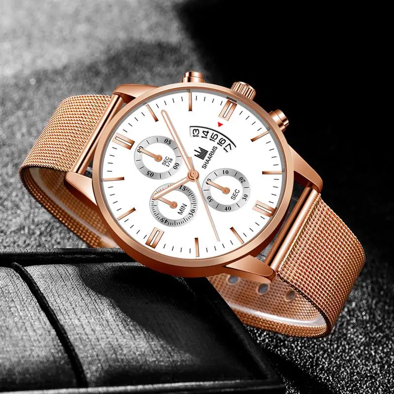 Женские роскошные часы из розового золота с сетчатым ремешком кварцевые