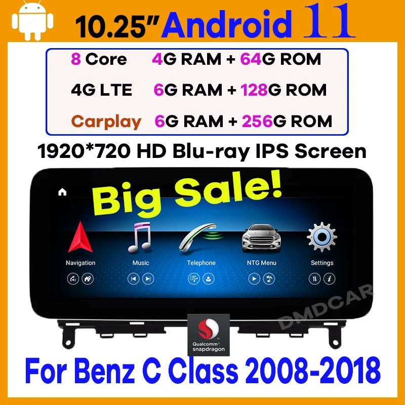 

10.25" Snapdragon Android 11 Car Multimedia Player GPS Radio for Mercedes Benz C Class W204 W205 GLC X253 V/Class W446 Screen