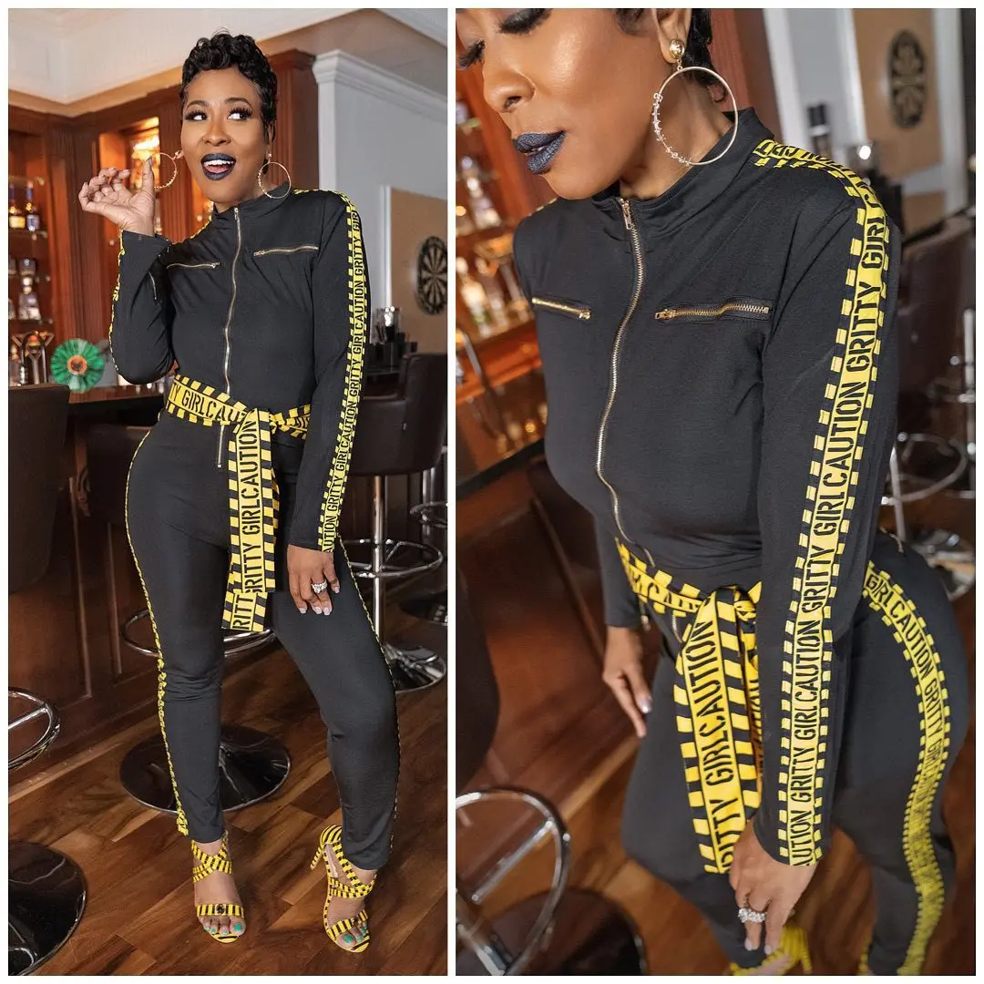 

Женские облегающие комбинезоны в стиле пэчворк с принтом букв, пикантные Комбинезоны на молнии спереди с длинным рукавом для фитнеса, цельн...