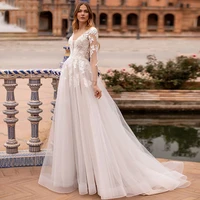 backless vestidos de novia elegant wedding dresses 2021 a line long sleeves tulle appliqued boho bridal gown robe de mari%c3%a9e