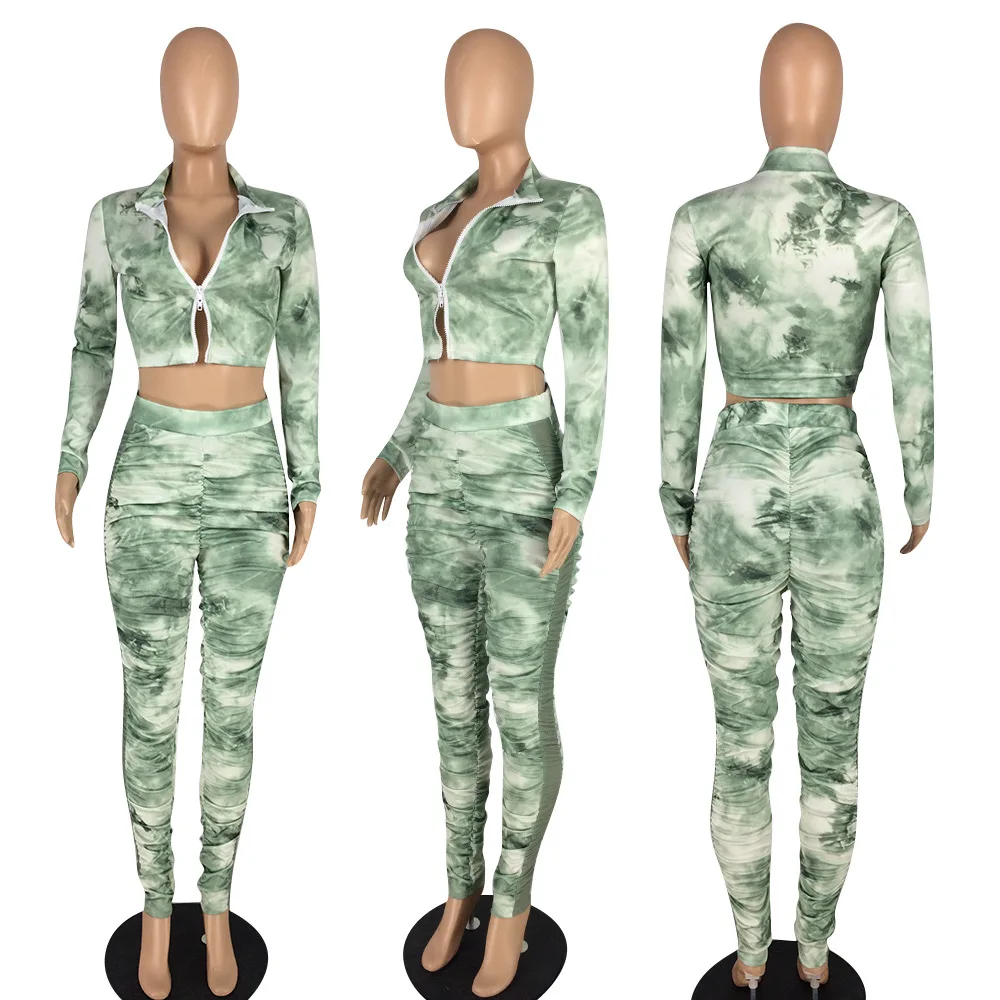 

Tie-dye Printing Women Stunning Two Piece Sets Autumn Hot Sell Turn-down Collar Zipper Short Coats Skinny Pleated Pants Outfits