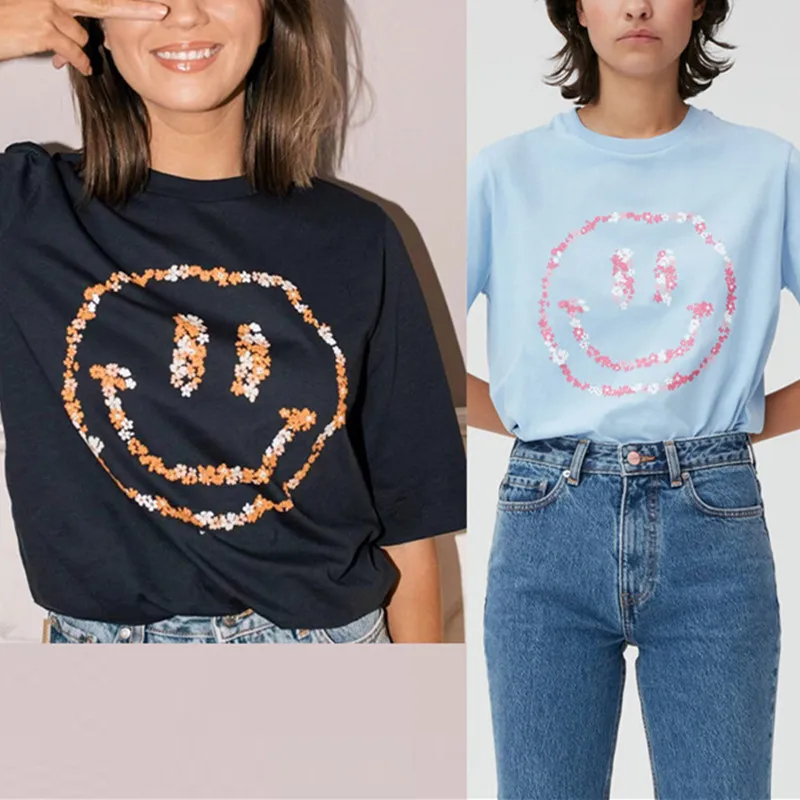 

New Flower Smiley Print T-Shirt for Women O-Neck 2022 Spring Summer Short Sleeve Female Loose Fashion Tees