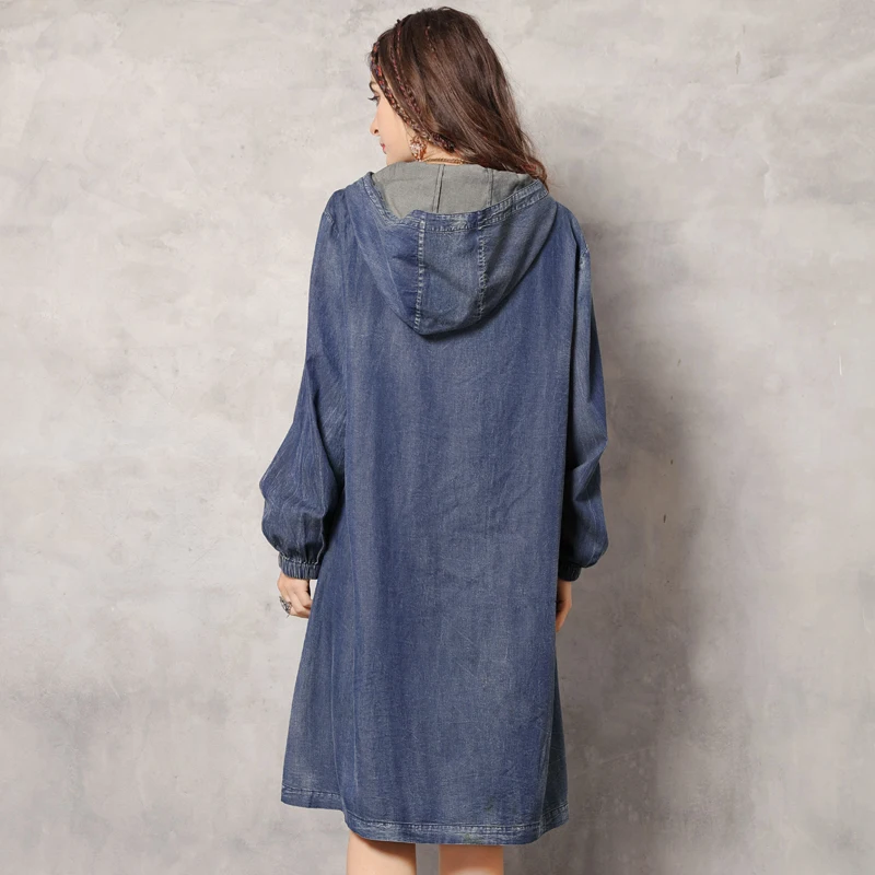 Тренч Yuzi. Мая Boho новые женские джинсовые куртки с капюшоном винтажные длинные пальто на молнии с вышивкой B9286 Casaco Feminino