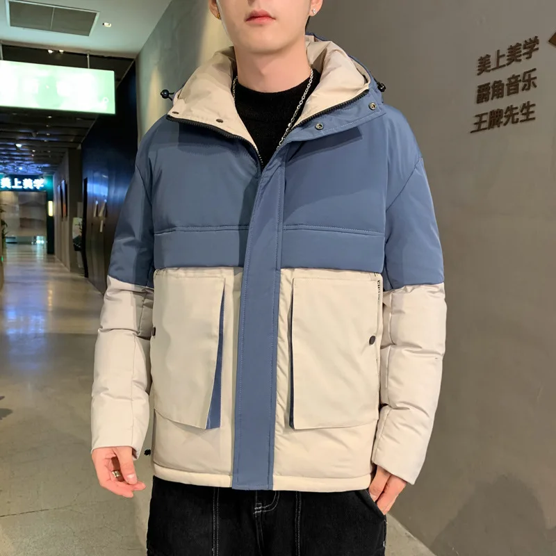 Men's Fashion Color Matching Hooded Cotton Coats Autumn and Winter Contrast Color Tooling Quilted Jacket Korean Fashion Jacket