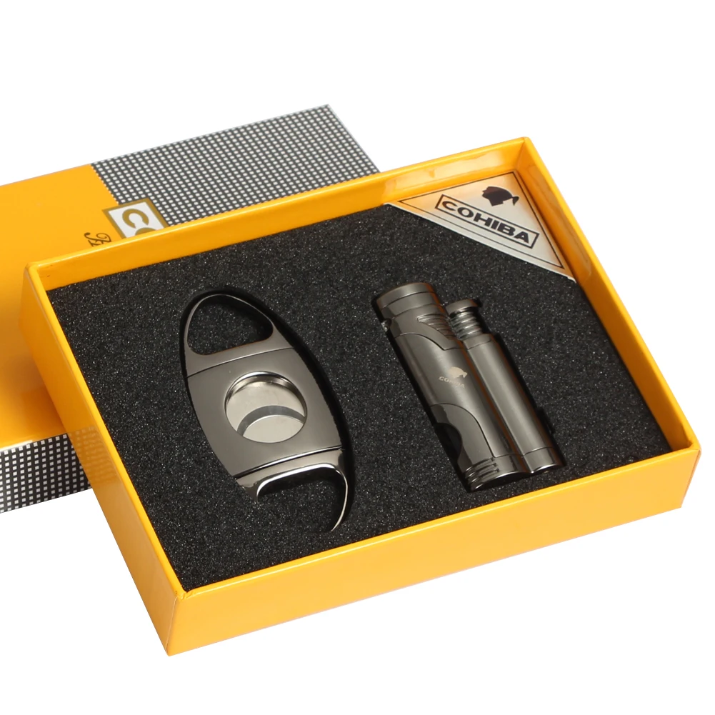 COHIBA сигары резак Зажигалка Набор 2 фонарь Карманный для сигар газовые струйные