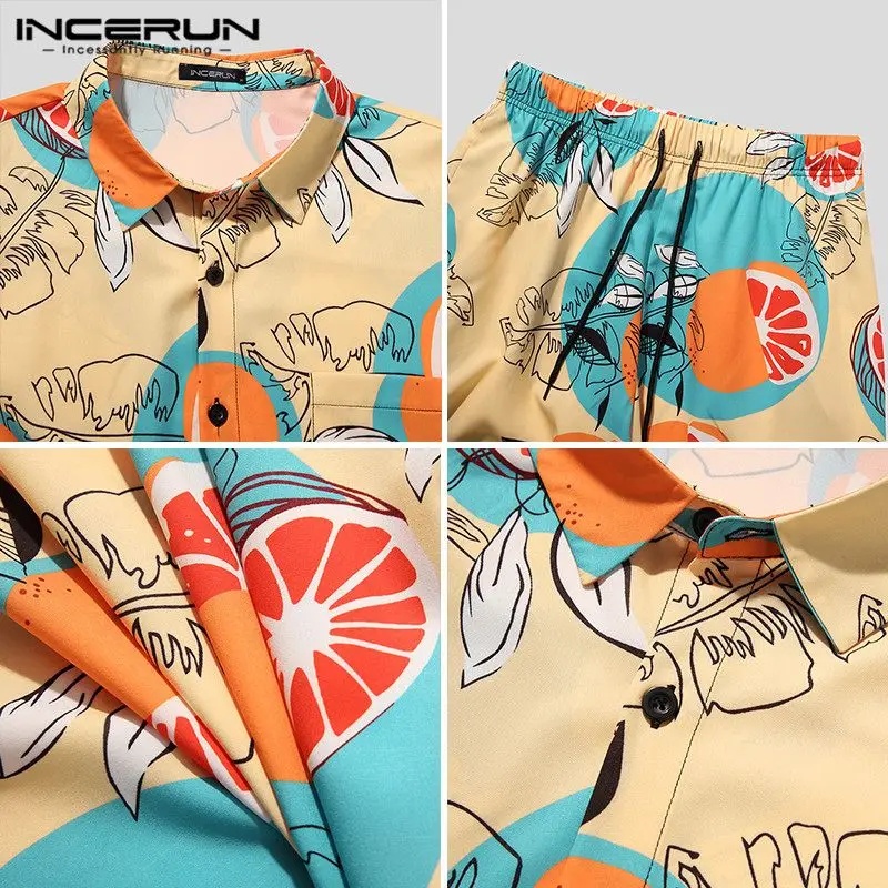 

INCERUN 2021 Men Hawaiian Sets Printing Breathable Lapel Short Sleeve Shirt Beach Shorts Streetwear Casual Mens Suits 2 Pieces