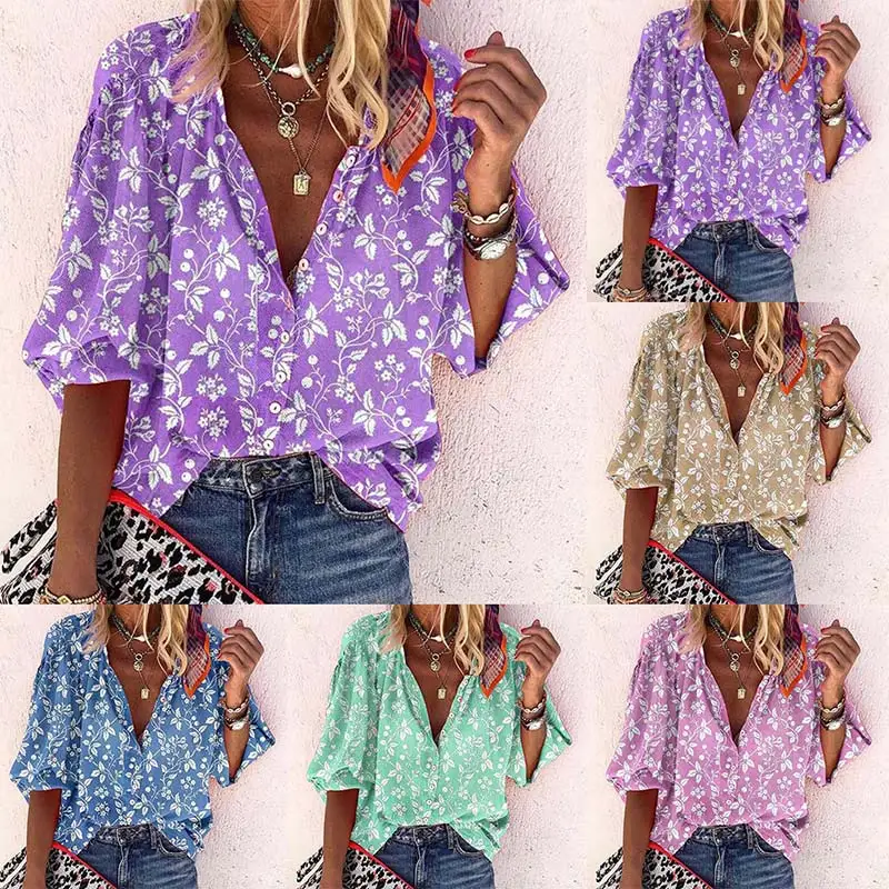

Print Elegant Lantern Sleeve Women Shirts Single Breasted Stand Collar Female Shirt Summer Loose Office Lady Tops Plus Size 3XL
