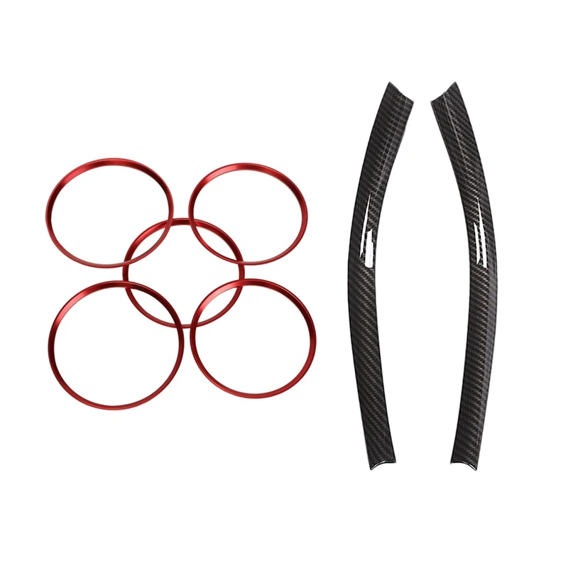

7 Pcs Car Accessories: 5 Pcs Red Air Vent Outlet Cover Ring Trim & 2 Pcs Black Chrome Center Console Decoration Strips
